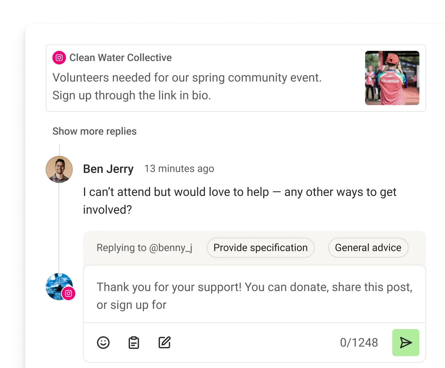 Vue Buffer Community avec les commentaires récents, des suggestions de réponses et des indicateurs de score de commentaires.