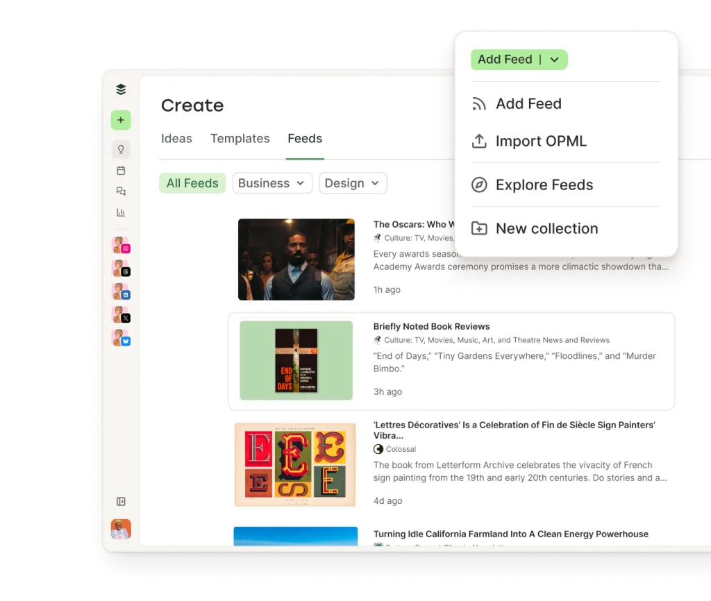 Vista de Crear en Buffer con edición de texto, opciones de carga de imágenes e integraciones de medios incluyendo suscripciones a feeds RSS.