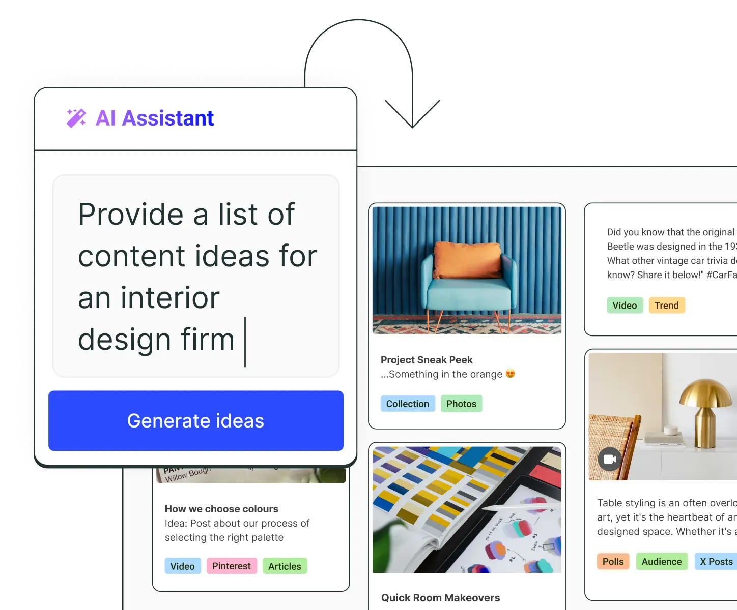 Tableau d’idées Buffer avec un AI Assistant pour générer de nouvelles idées de publications.