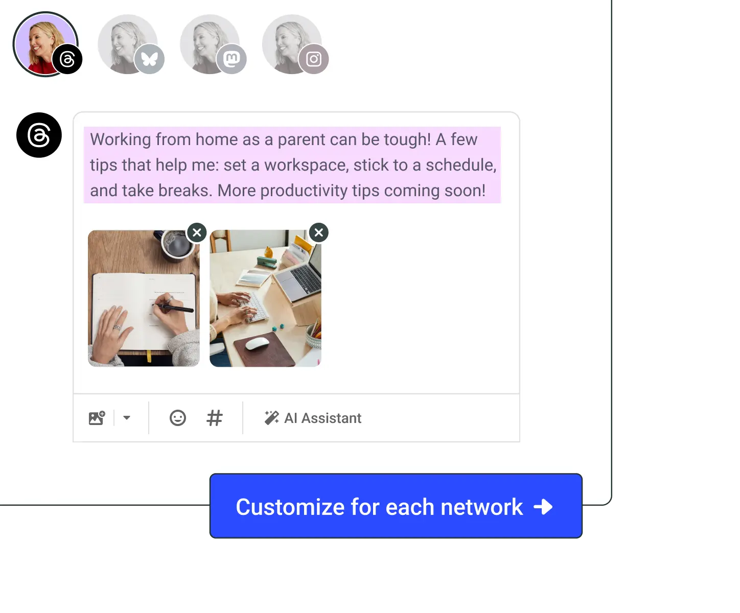 Éditeur de publications Buffer avec une option AI Assistant pour personnaliser la publication pour chaque réseau social.