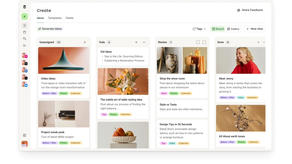 Espacio Crear de Buffer con vista de galería de ideas de contenido y tablero estilo kanban.
