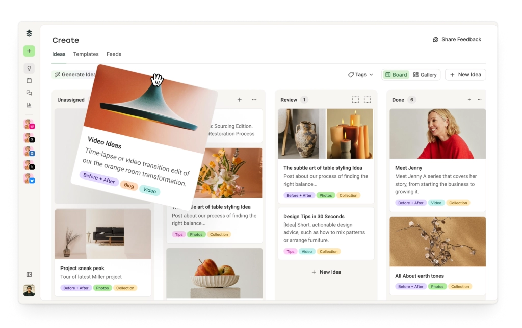 Espacio Crear de Buffer para organizar tus ideas de contenido con etiquetas en vista de tablero o galería y un asistente de IA para generar ideas de contenido.