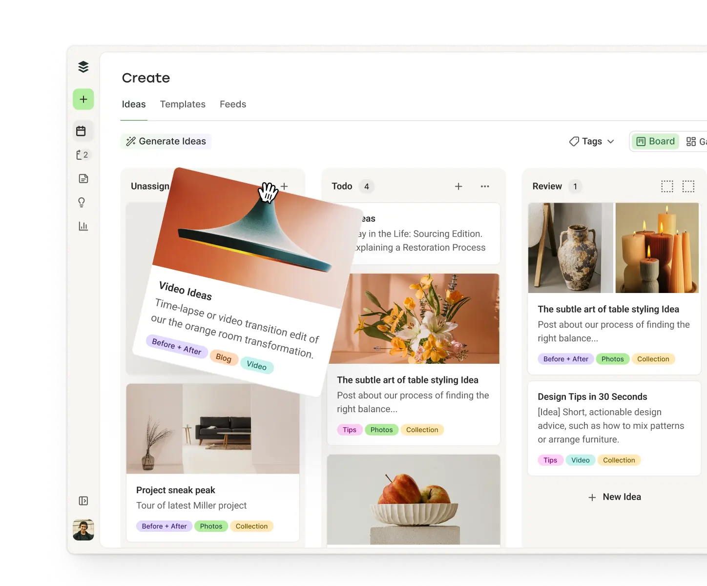 Vista de creación de Buffer con columnas para ideas, borradores y publicaciones.