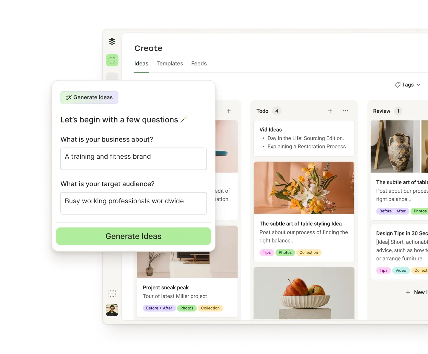 Vue Buffer Create avec des colonnes pour les idées, les brouillons et les publications publiées, ainsi qu’un assistant IA pour générer des idées.