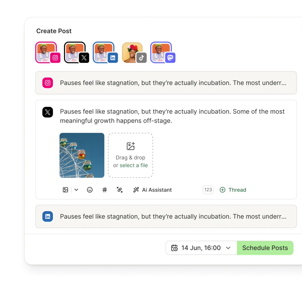 Editor de publicaciones de Buffer con texto y archivos adjuntos de imagen, selector de canales de redes sociales y opciones de programación.