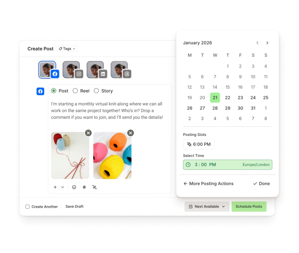Herramienta de publicación de Buffer para Facebook con editor de texto, imágenes adjuntas y opciones de programación.
