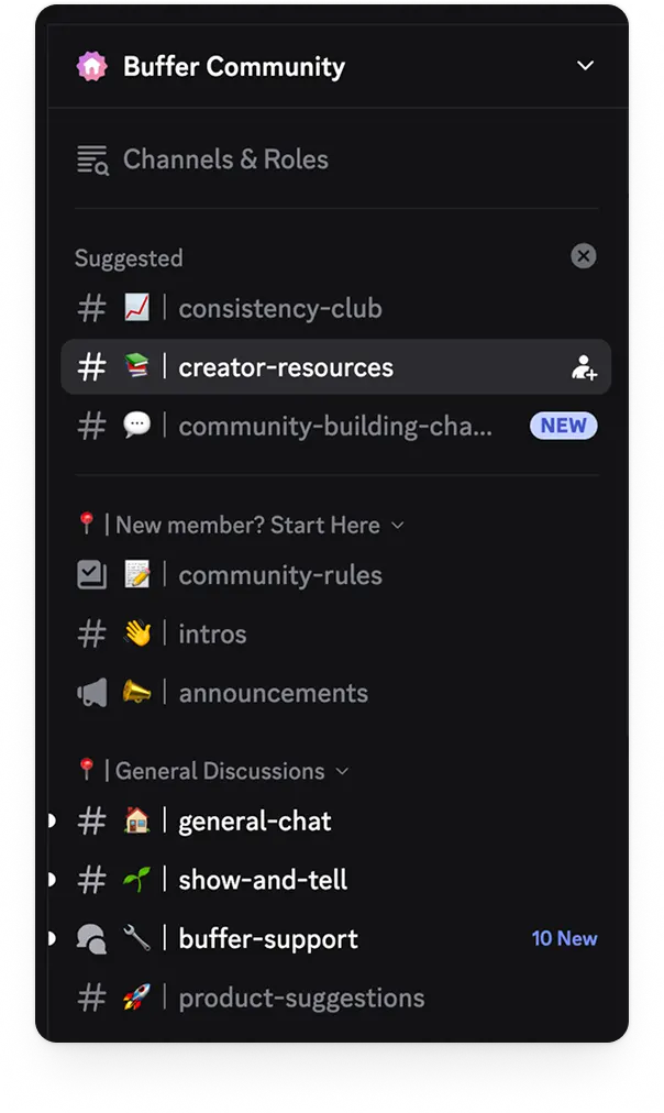 Barre latérale Discord avec les canaux de la communauté Buffer dédiés à la régularité de publication, au partage de ressources pour créateur·rices, aux présentations, au show-and-tell, au soutien et bien plus.