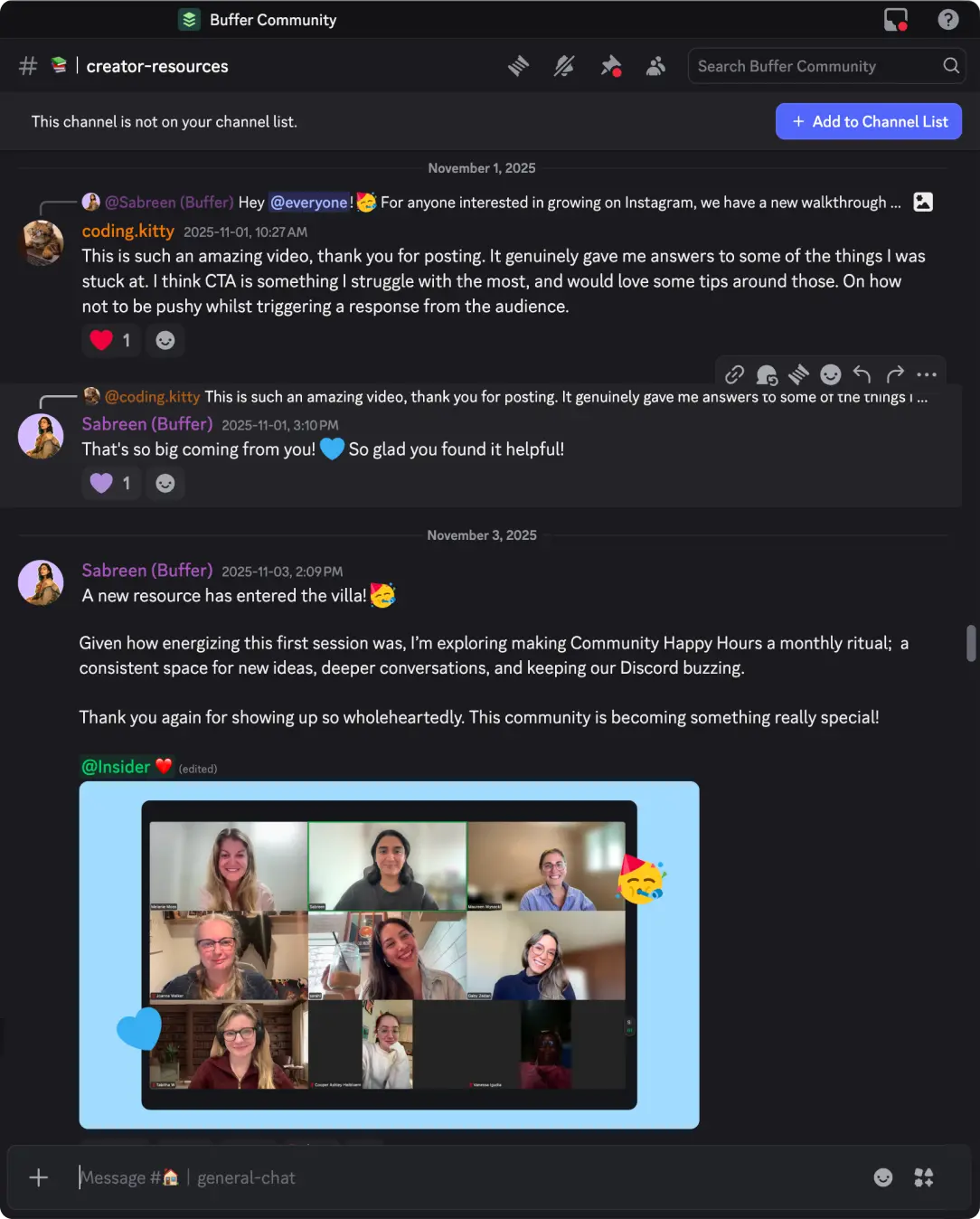 Discord de la communauté Buffer avec de vraies conversations autour du feedback sur les contenus, des sessions en direct et des échanges bienveillants.