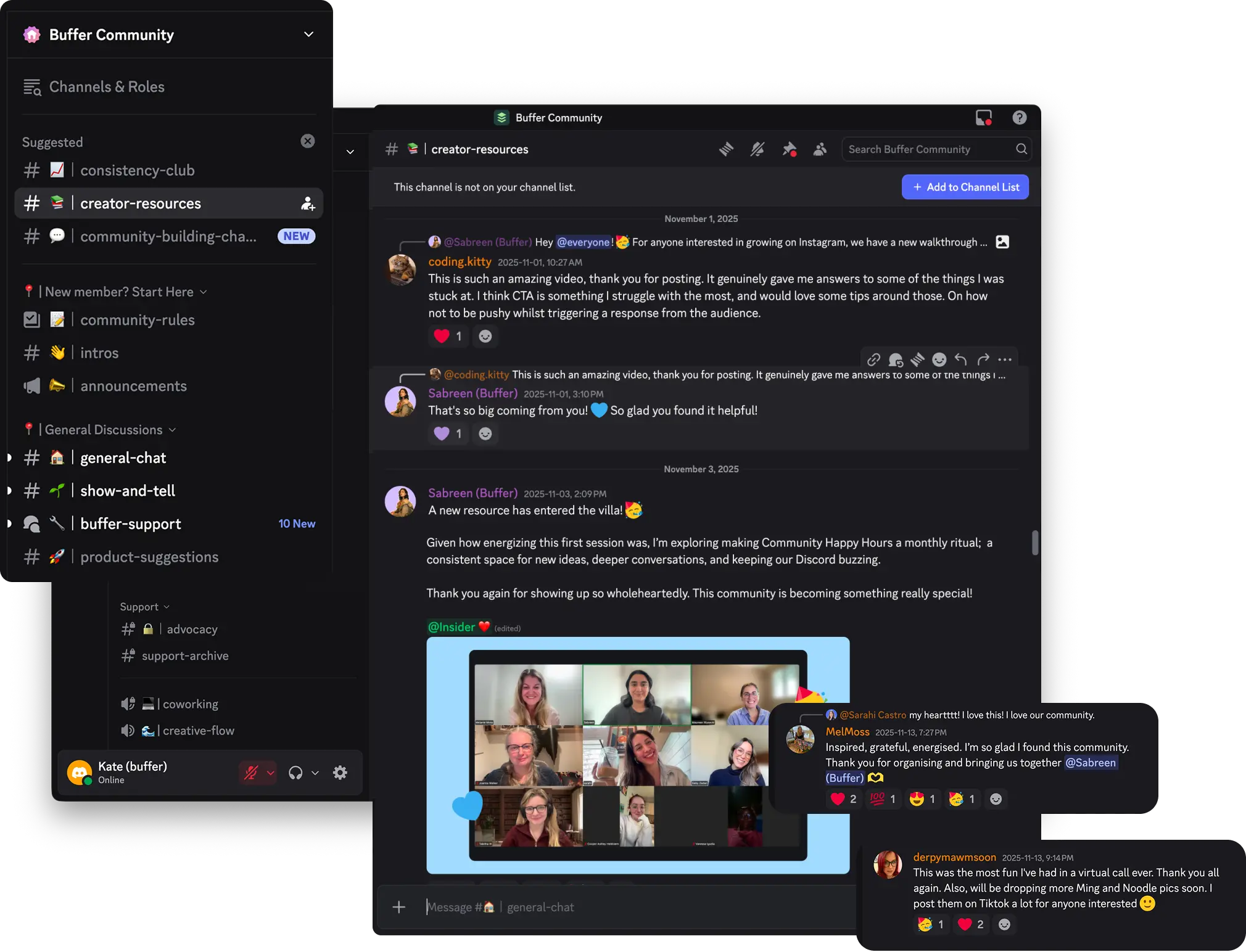 Discord de la communauté Buffer avec ses canaux communautaires, ses vraies conversations, ses moments show-and-tell et ses temps forts en direct.