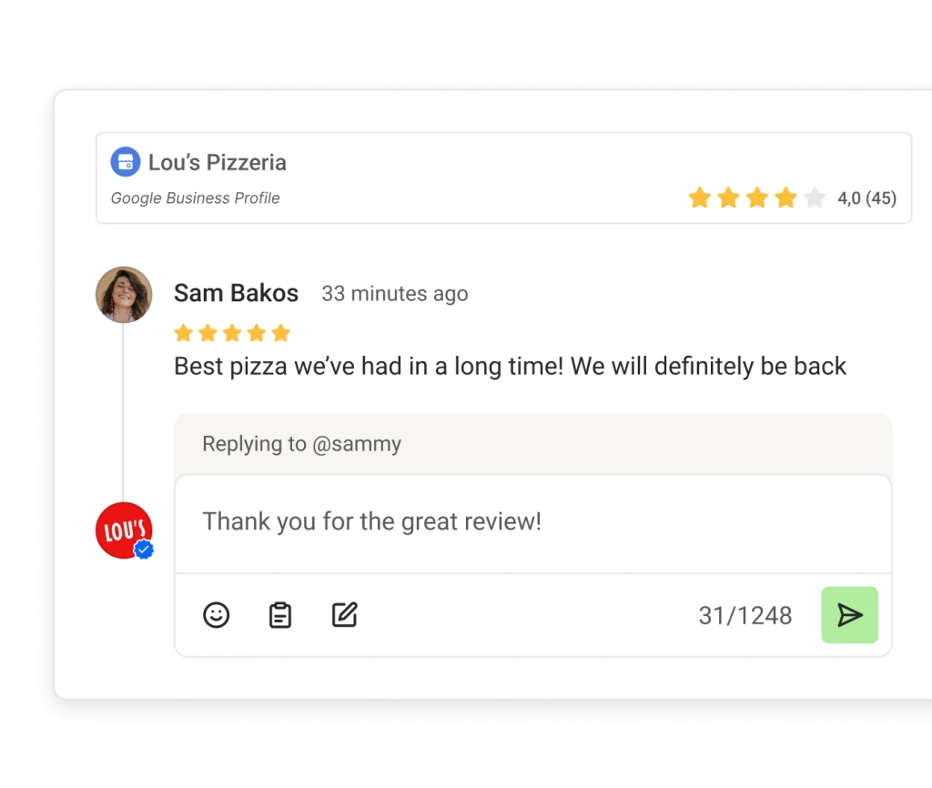 Un hilo de comentarios de Google Business en Community, con sugerencias de IA y un campo de texto para responder.
