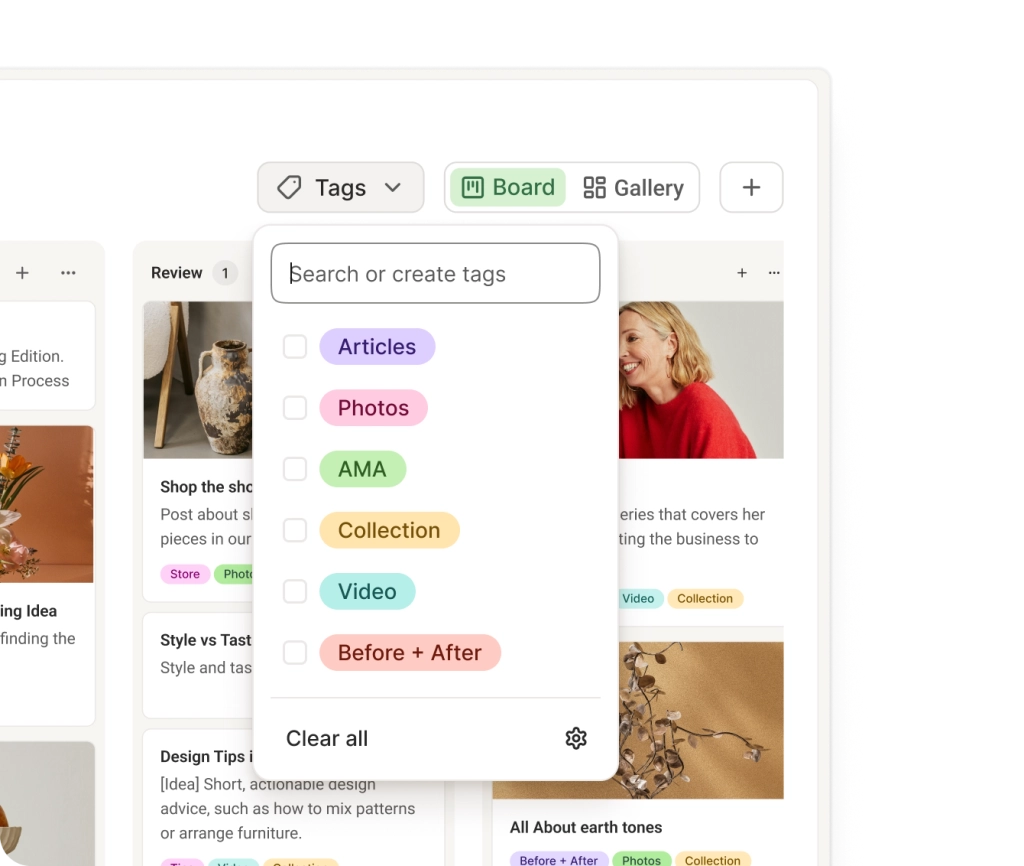 Espacio Create de Buffer con vista de tablero para organizar ideas de contenido.