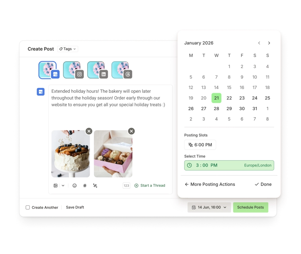 Vista de calendario de Buffer con interfaz de arrastrar y soltar para programar publicaciones de tipo Novedades, Oferta y Evento.