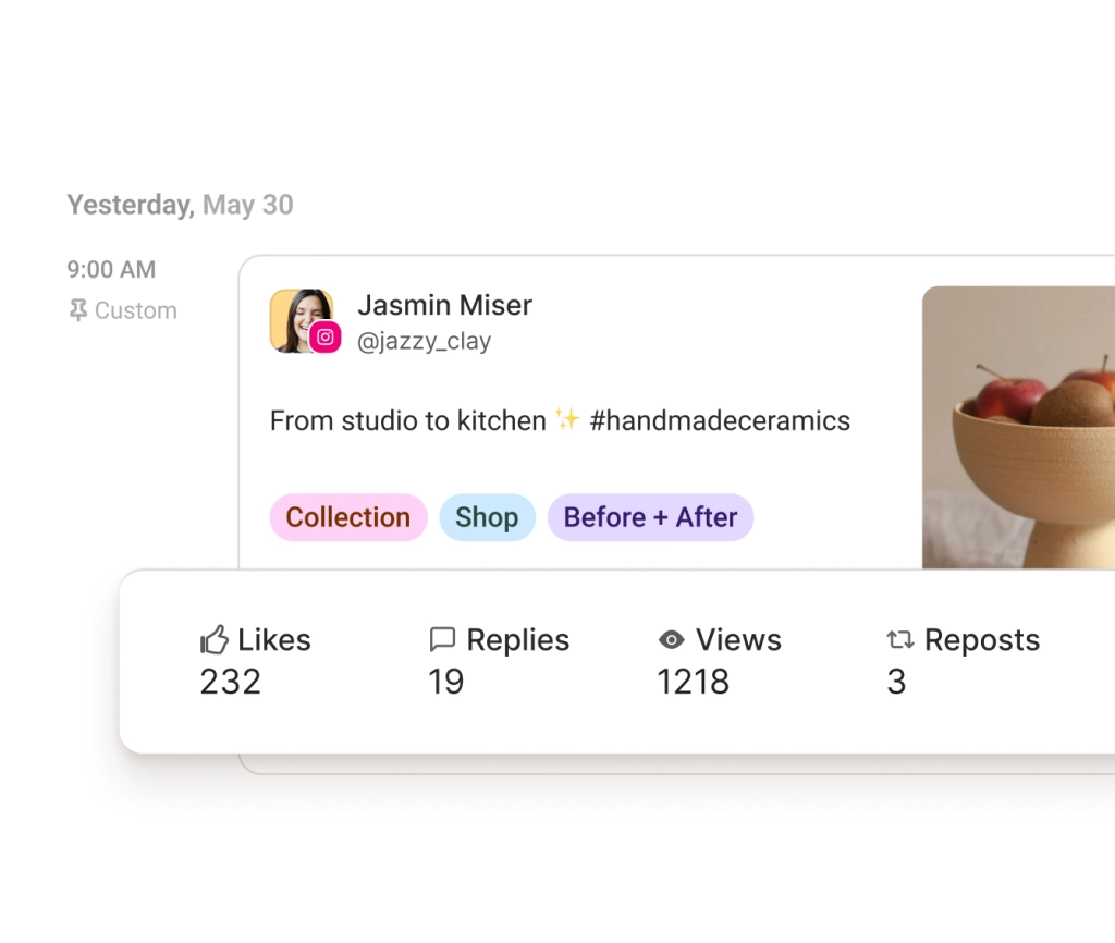 Publicación de Instagram rodeada de gráficos flotantes de tasa de interacción, seguidores y recomendaciones del mejor día, tipo y frecuencia de publicación.