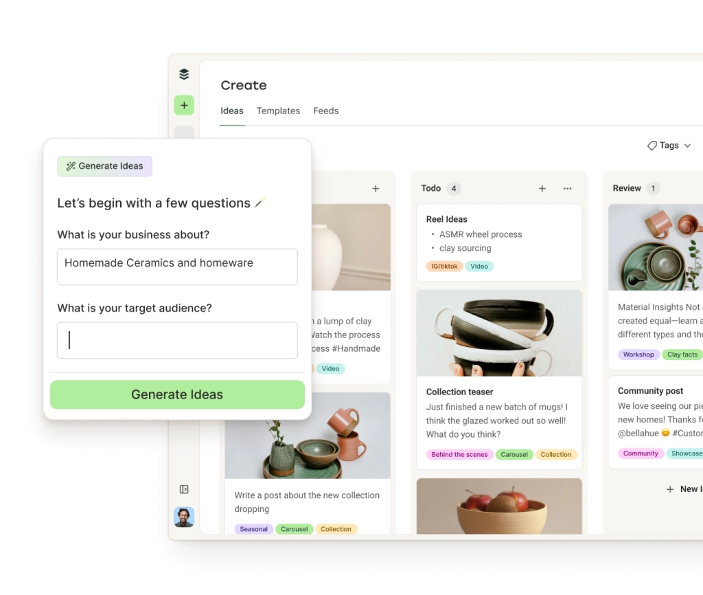 Espacio Create de Buffer para Instagram con ideas en columnas por categoría y un asistente de IA para generar ideas.