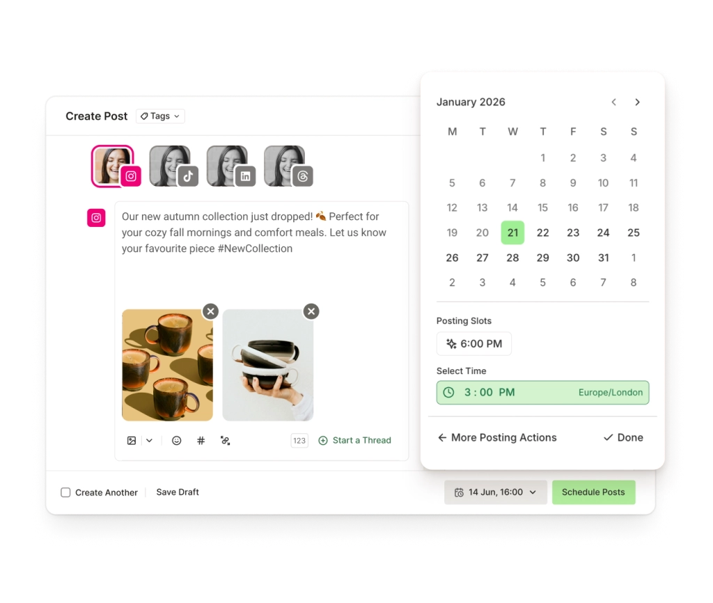 Editor de Instagram de Buffer con editor de texto, imágenes adjuntas y opciones de programación.