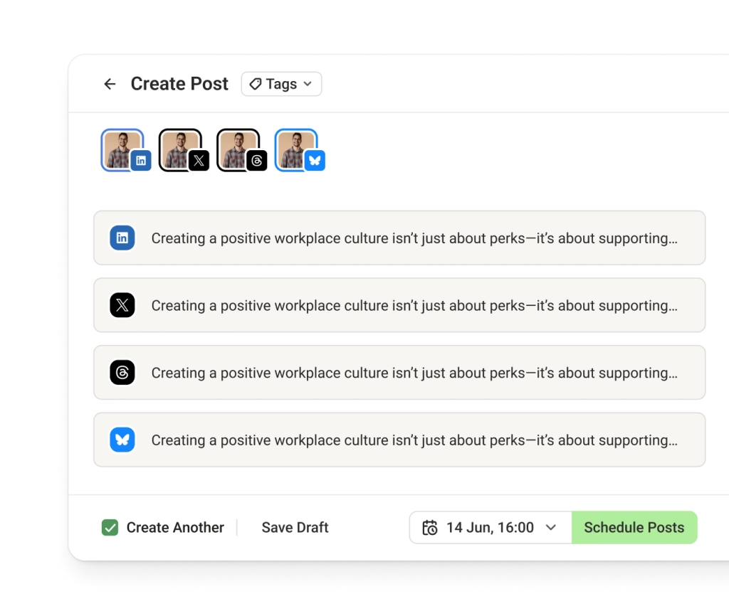 Una pantalla de creación de publicaciones en LinkedIn con opciones para publicar en otras redes sociales añadiéndolas a una cola de publicación.