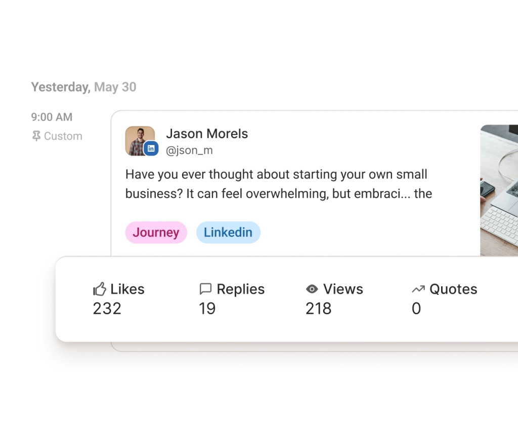 Una pantalla de análisis de LinkedIn en Buffer con datos de rendimiento de seguidores, impresiones, clics e interacción.