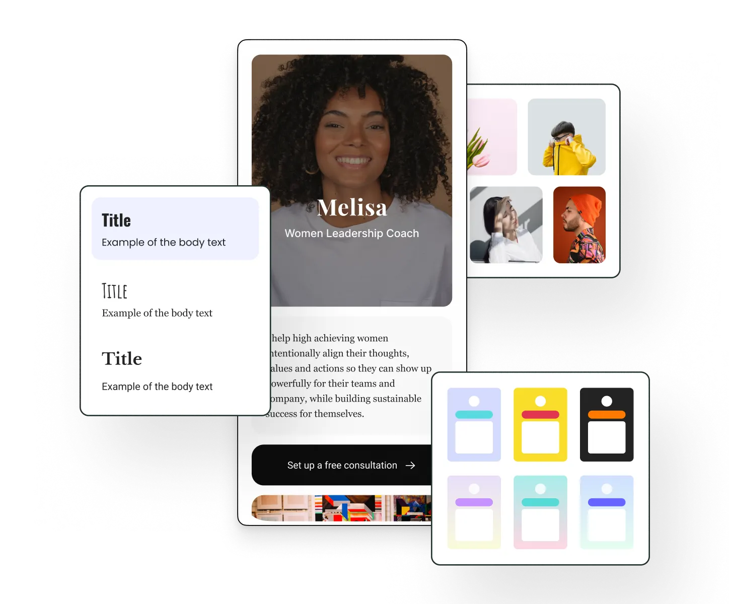 Éditeur Buffer Start Page avec du texte, des styles typographiques, des thèmes de couleur de profil et des options d’édition de grille d’images.