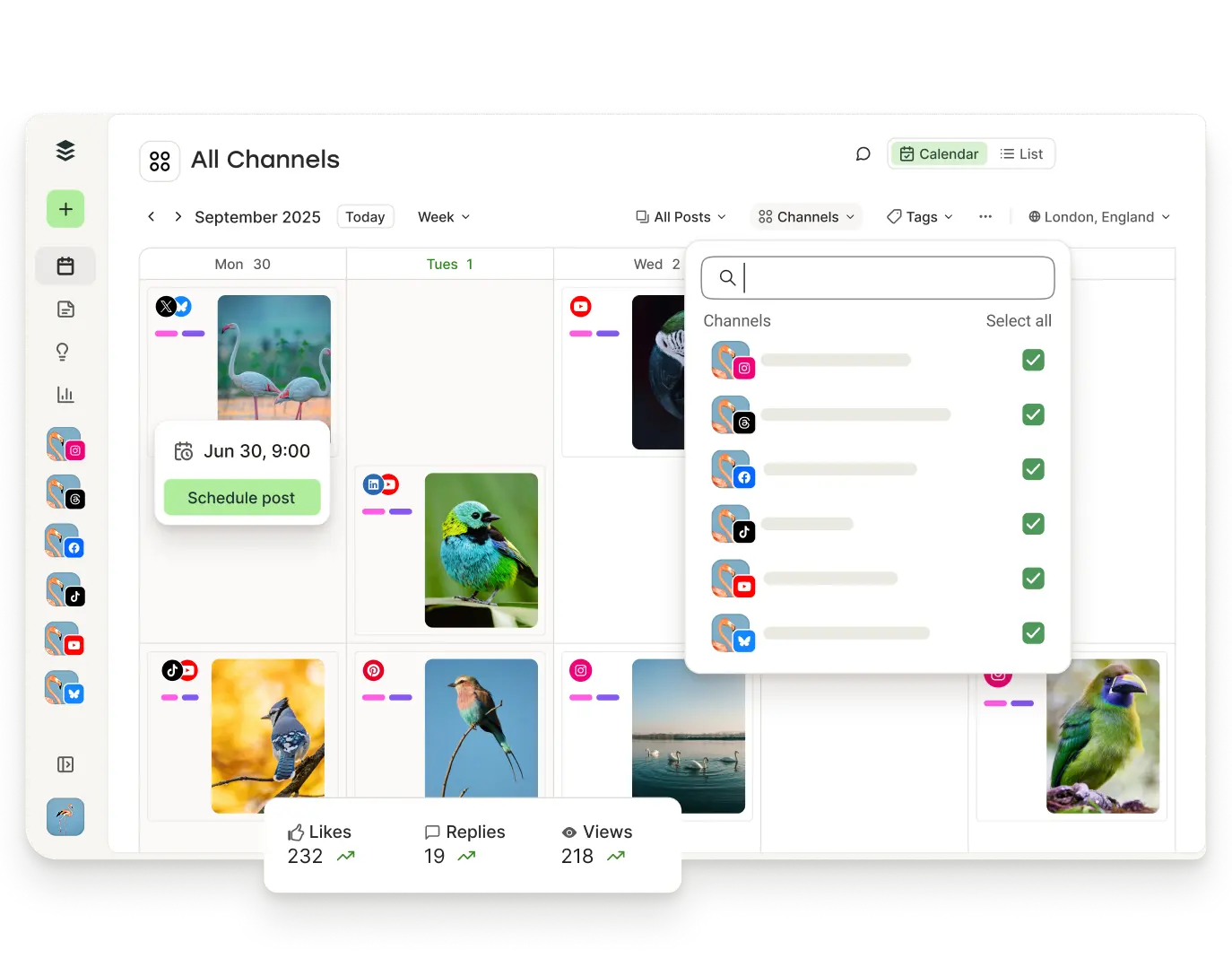 Vue calendrier de Buffer avec les publications à venir et des filtres par canaux, étiquettes et plus encore.