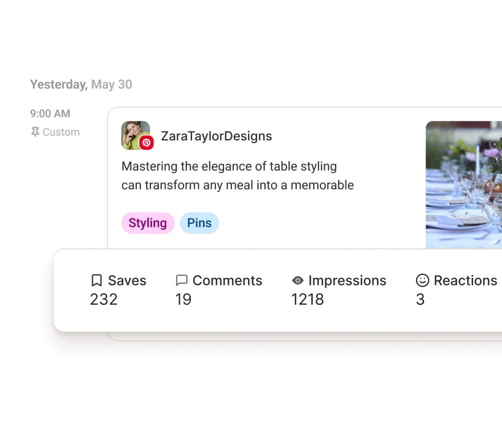 Une publication Pinterest entourée de graphiques sur les abonné·es, le taux d’engagement et des recommandations sur le meilleur jour, type et fréquence de publication.