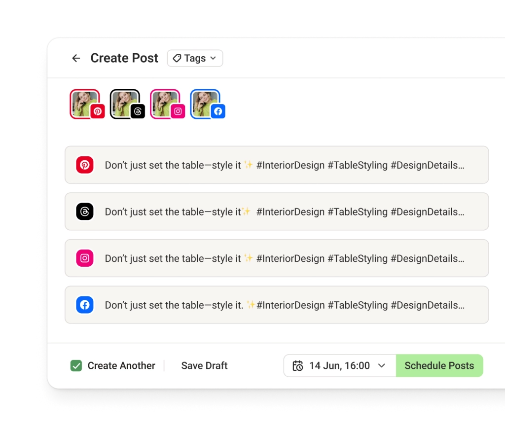 La vue de cross-posting de Buffer avec des éditeurs de texte dédiés à plusieurs réseaux sociaux, dont Pinterest.