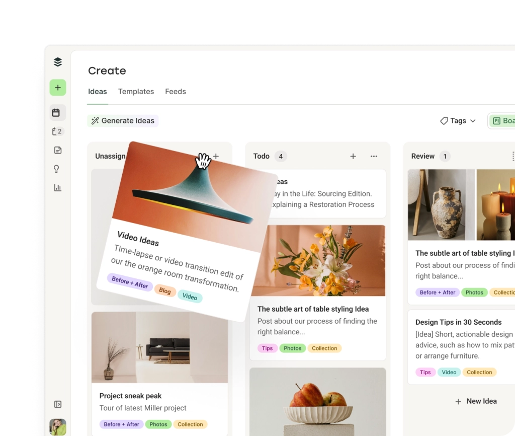 L’espace Buffer Create avec des colonnes kanban classées par catégorie de publications et un AI Assistant pour générer des idées.