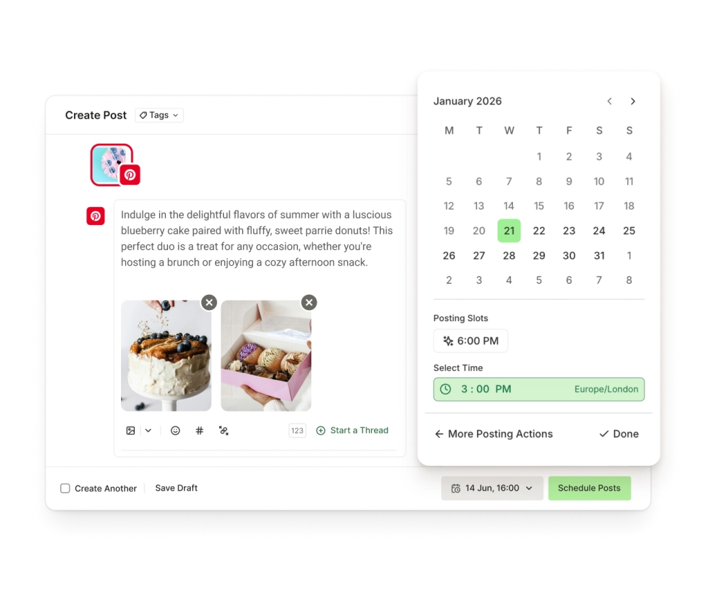 La vue Buffer Create pour Pinterest avec un éditeur de texte enrichi, l’ajout d’image et les réglages de programmation.