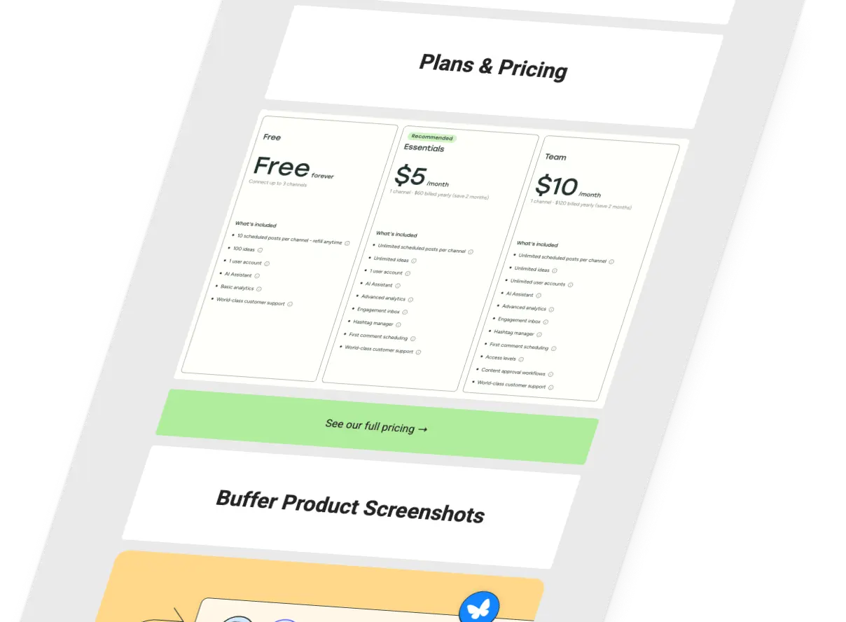 La ficha técnica para prensa de Buffer con información de precios actualizada, capturas de producto y funciones.