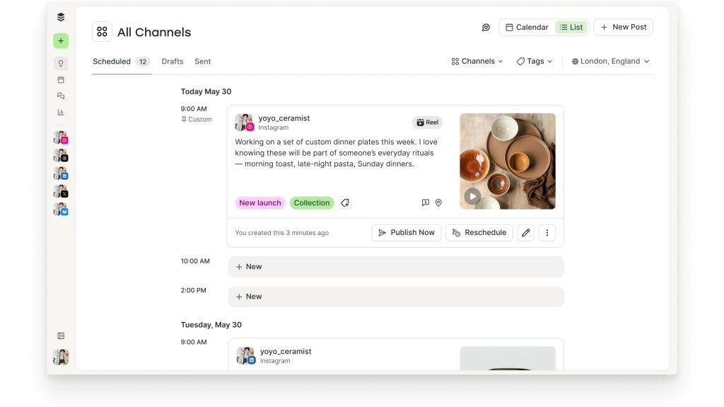 Vista de Buffer Publish con opciones de Lista y Calendario para ver publicaciones programadas.