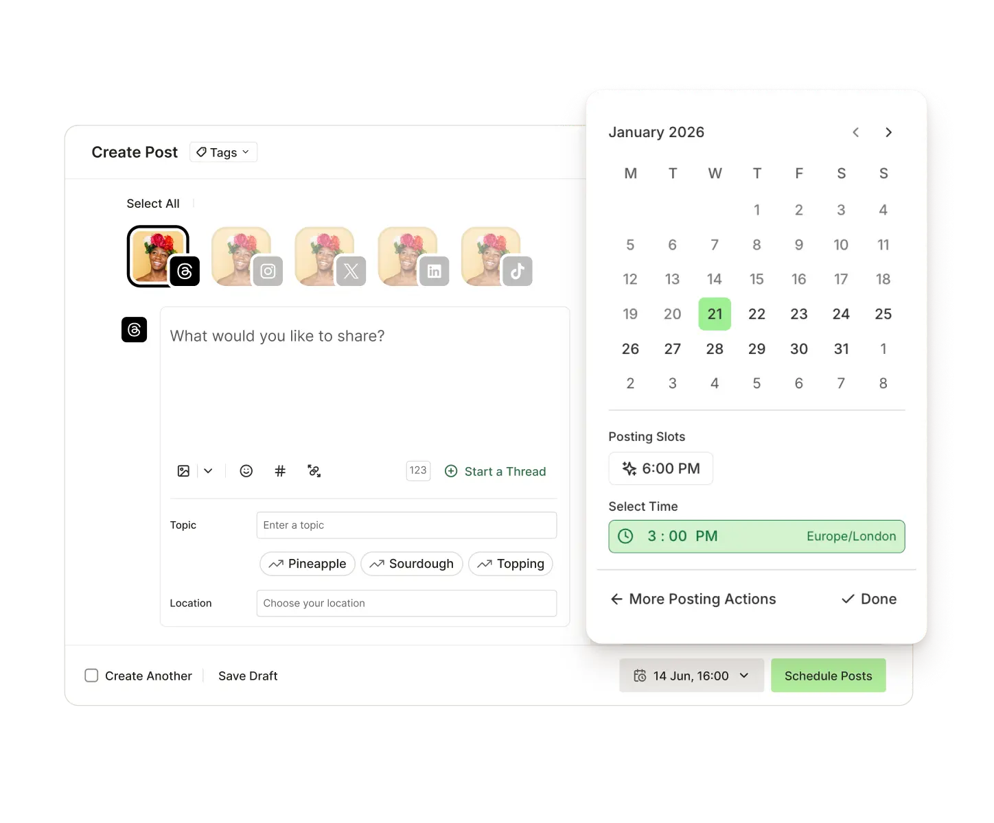 Vista de publicación de Buffer con programación para publicar en una fecha y hora futuras.