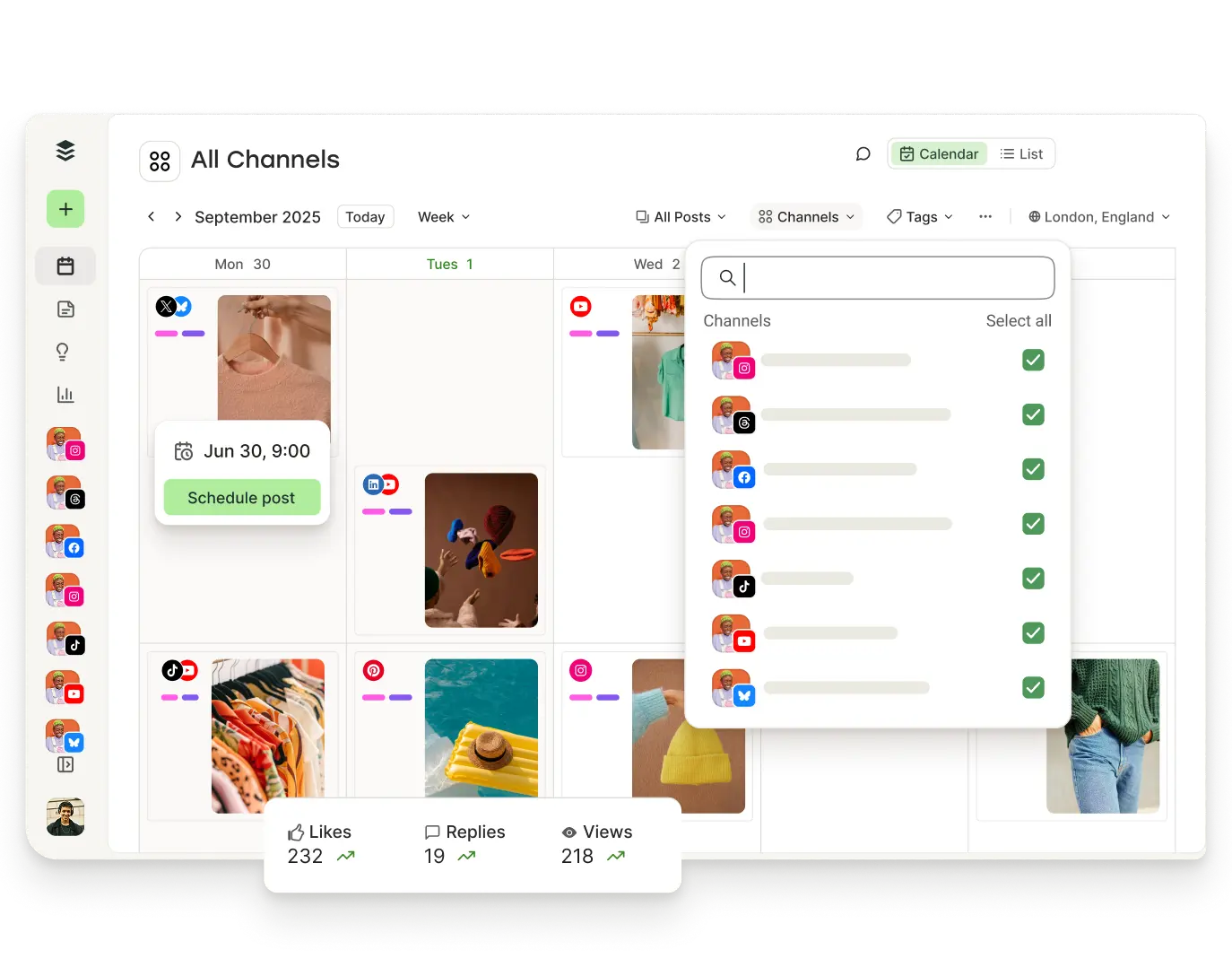 Vista del calendario de Buffer con publicaciones programadas y filtros para canales, etiquetas y más.