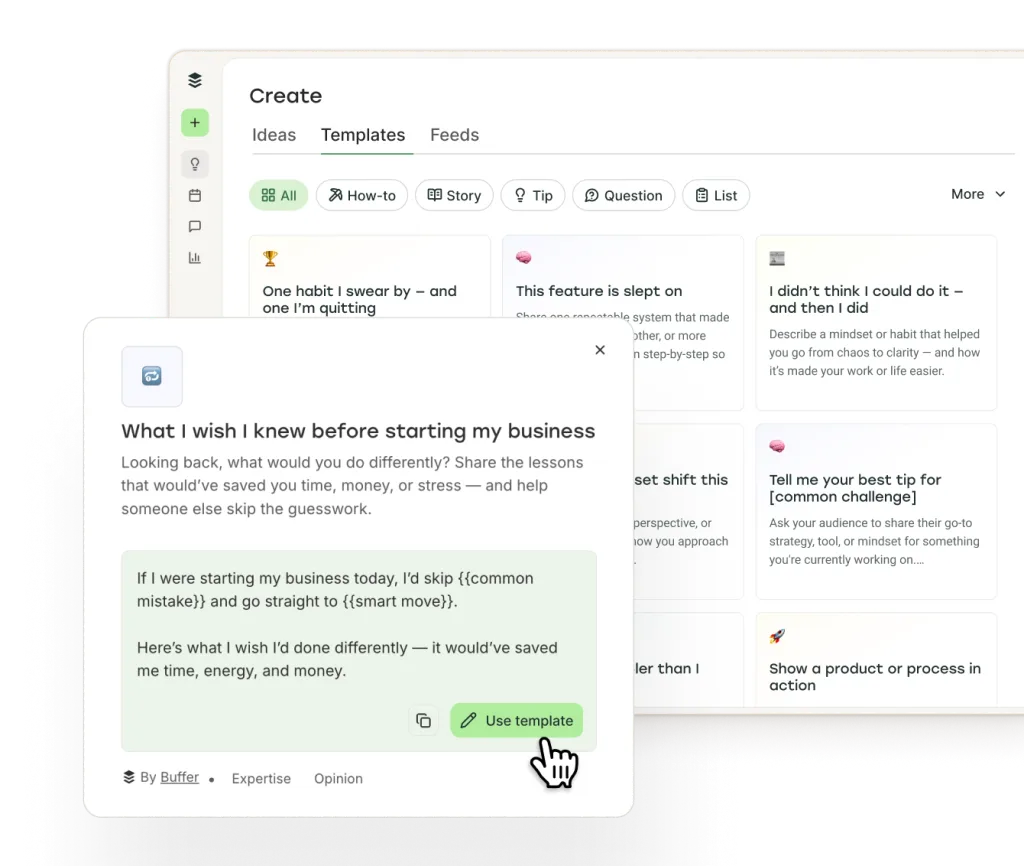 Plantillas de redes sociales de Buffer con categorías de consejo, historia, caso de estudio, pregunta, opinión, tutorial, lista, detrás de cámaras y más. Cada plantilla ofrece contenido inicial con marcadores para tus ideas.