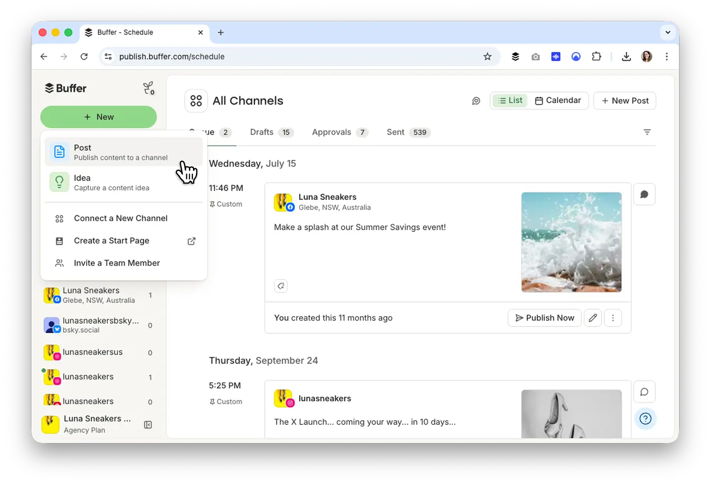 Página de programación de Buffer con el menú + New abierto, mostrando la opción Post