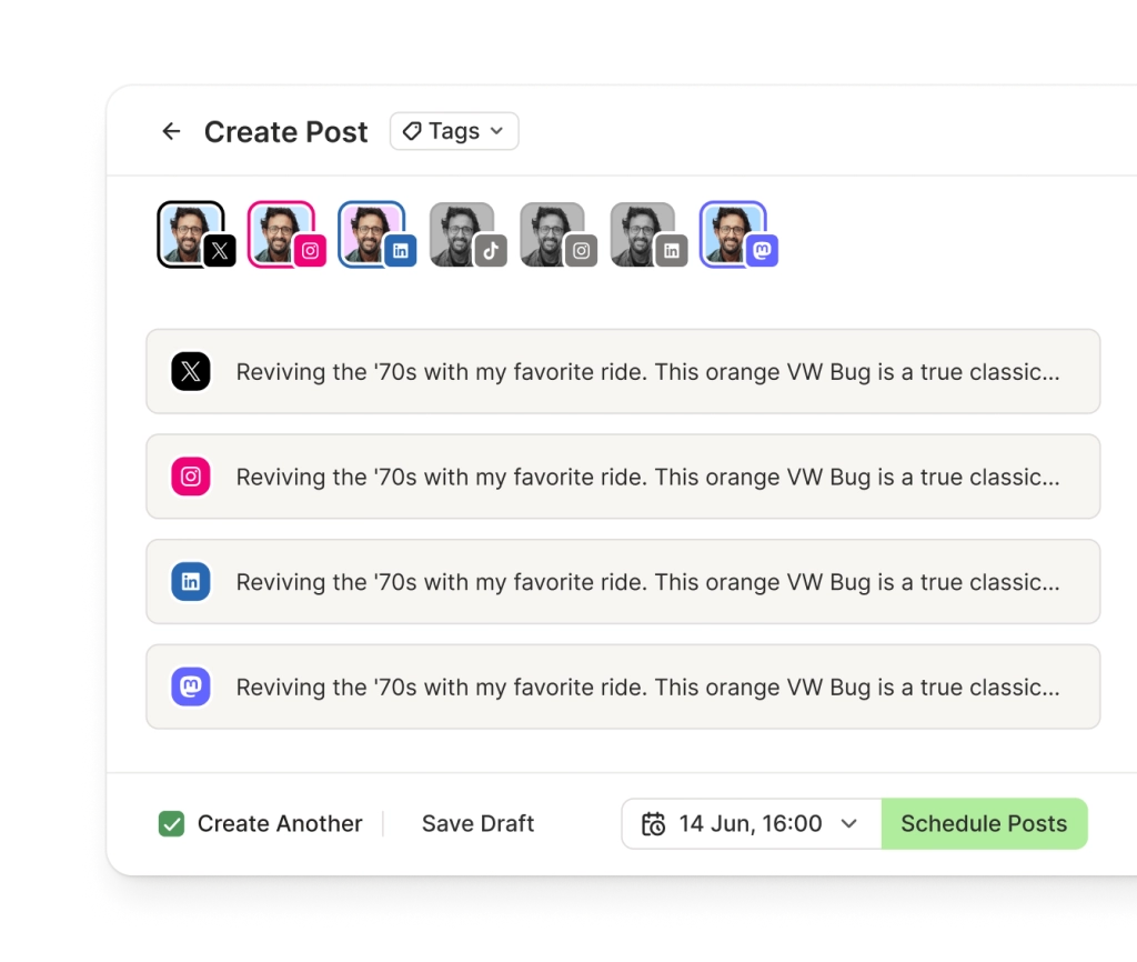 La vue Cross-posting de Buffer avec des éditeurs de texte dédiés pour plusieurs réseaux sociaux, dont X.