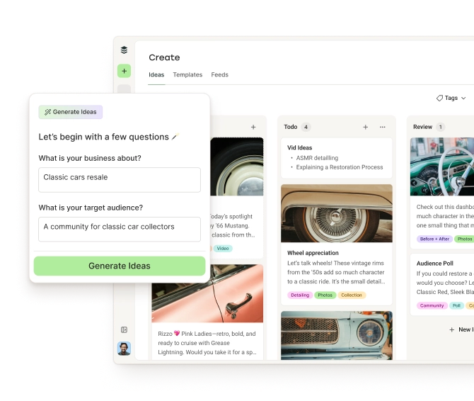L’espace Buffer Create avec des colonnes de type kanban classant les publications par catégorie et un AI Assistant pour générer des idées.