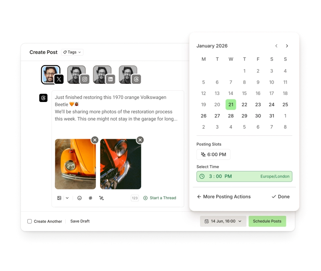 La vue Buffer Create pour X, avec les canaux de cross-posting, un éditeur de texte enrichi, une pièce jointe image et les commandes de programmation.